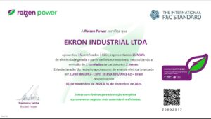 Foi outorgado à Ekron Industrial pela Raízen Power o Certificado de Energia Renovável (I-RECs) que comprova a origem da energia renovável da energia elétrica consumida, a partir da rastreabilidade da fonte. Reconhecido internacionalmente cada REC representa uma unidade de geração de energia renovável (o que equivale a 1 MWh de energia gerada e consumida) e os cálculos podem ser feitos em curto ou longo prazo. Os 15 I-RECs recebidos pela Ekron equivalem a 15 Mwh de energia limpa e renovável, neutralizando a emissão de uma tonelada de carbono em apenas dois meses.